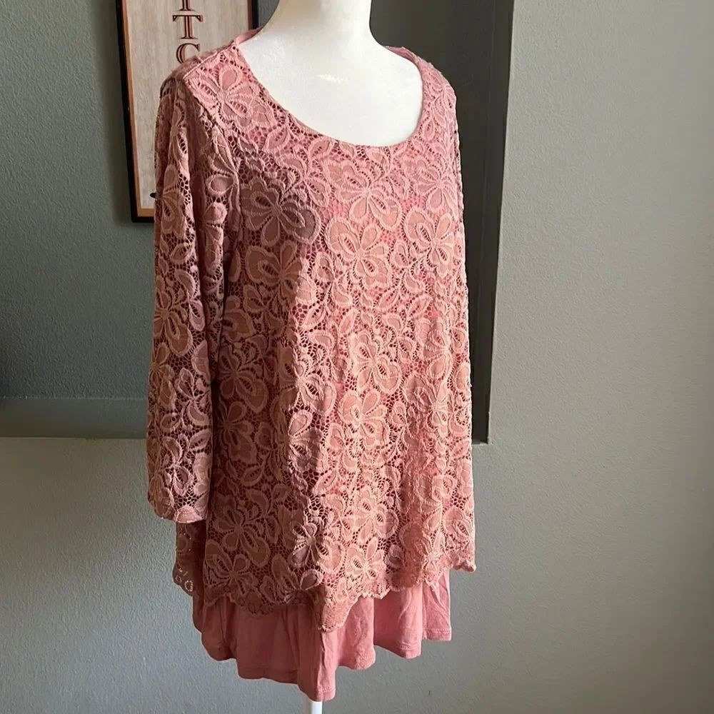 New Dusty Rose Floral Lace Tunic Dress Ruffle Hem Boho Cottagecore XL